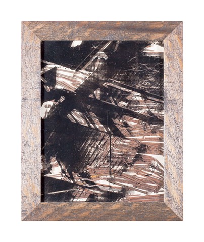 Screenprint and rusty nails layered into a wooden frame shadowbox with photo of steel girders taken at an abandoned trainyard, mixed media art by Crystala Armagost