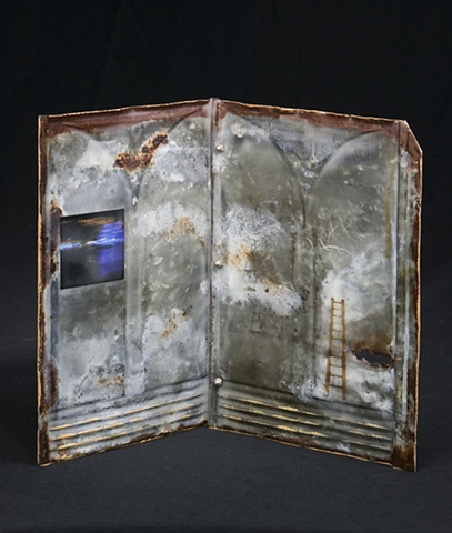 Mixed Media encaustic artist book sculpture on metal by Brandy Eiger with ladder and photograph