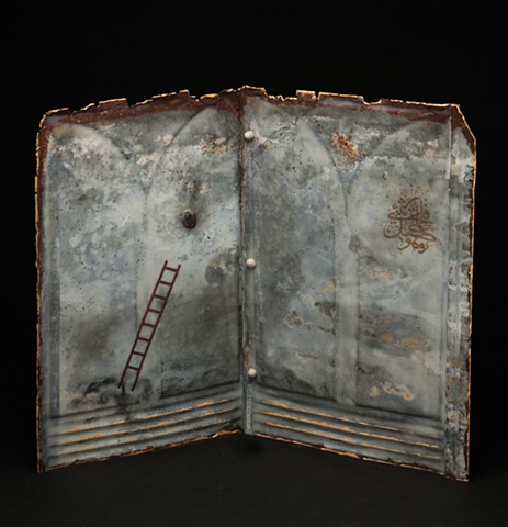 Mixed Media encaustic artist book sculpture on metal by Brandy Eiger with Ottoman calligraphy and ladder