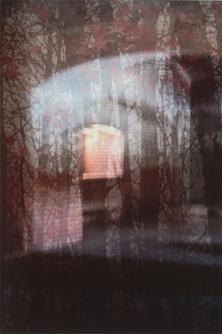 Photomontage collage metal art photograph infused onto aluminum of forest in the fall at dusk with lighted window by Brandy Eiger mixed media artist