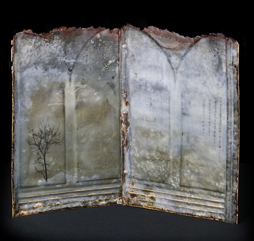 Mixed Media encaustic artist book sculpture on metal containing tree and poem from Tao Te Ching by Brandy Eiger
