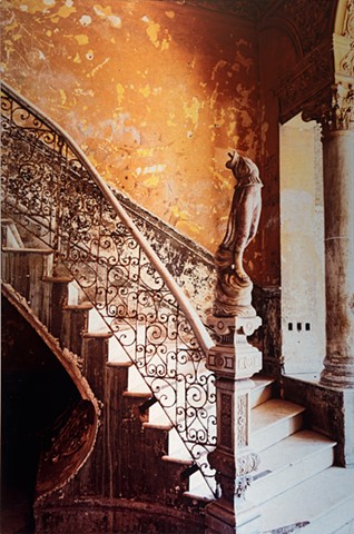 Photograph metal art infused on aluminum of Cuban beautiful ancient stairway with sculpture and window by Brandy Eiger mixed media photographer artist