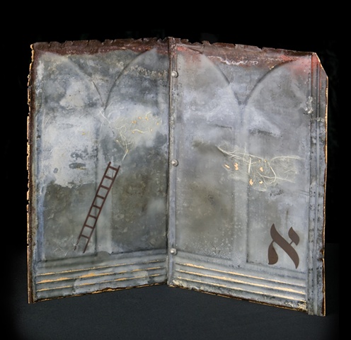 Mixed Media encaustic artist book sculpture on metal containing Hebrew letter by Brandy Eiger