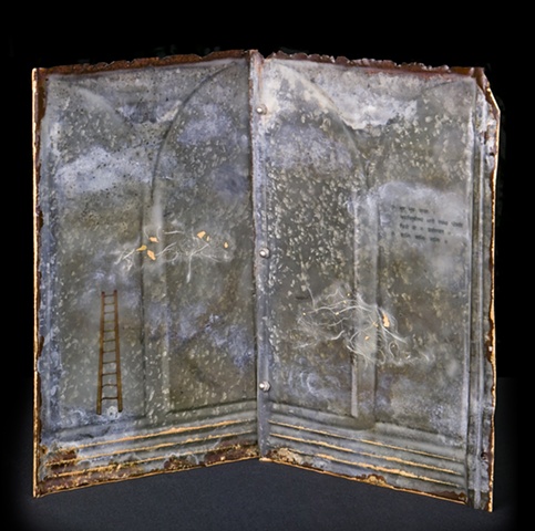 Mixed Media encaustic artist book sculpture on metal by Brandy Eiger with calligraphy and ladder