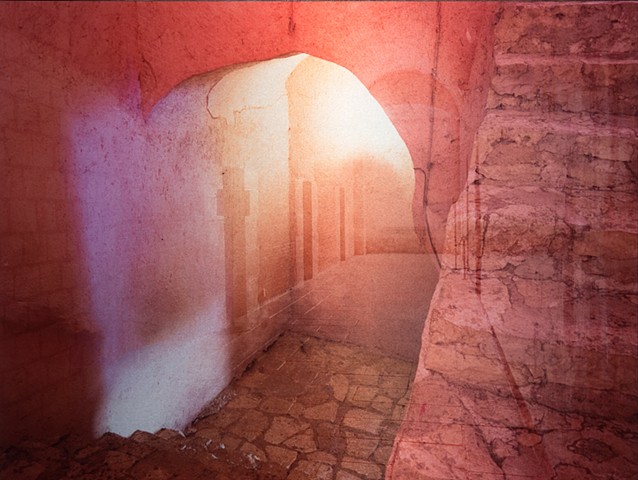 Photograph photomontage metal art of spiritual Mexican convent with spiritual mystical pink light by mixed media artist Brandy Eiger