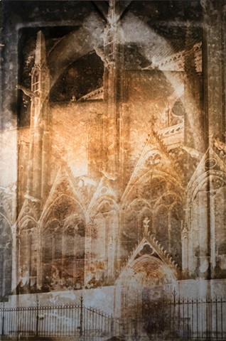 Photomontage collage metal photograph infused onto silvery aluminum of Paris Notre Dame cathedral at night by Brandy Eiger mixed media artist
