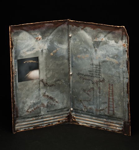 Mixed Media encaustic artist book sculpture on metal by Brandy Eiger with calligraphy prayer photograph and ladder