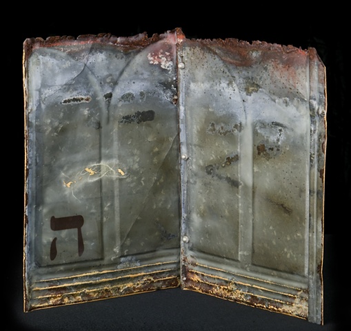 Mixed Media encaustic on metal artist book containing Hebrew letter by Brandy Eiger