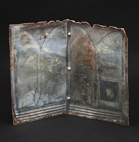 Mixed Media encaustic artist book sculpture on metal containing tree and photograph by Brandy Eiger