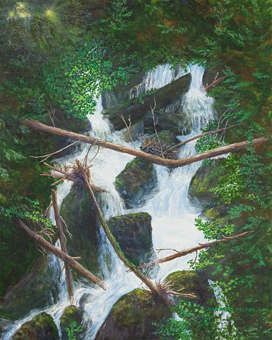 A painting of small stream tumbling down a steep mountain side near the road to Island Lake near Fernie, B.C.