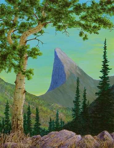 A painting of the silhouette of Tombstone Mountain in the Flathead Valley in the south-east corner of B.C. from a nearby pass.