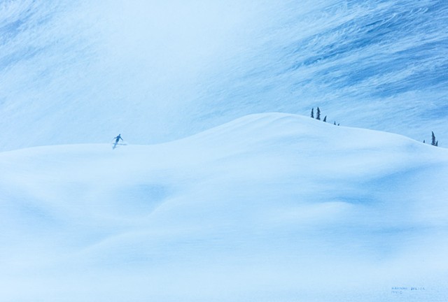 Painting of a skier on untracked power snow, Fernie, B.C.