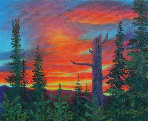 Painting of a sunset in the Rocky Mountains near Fernie, B.C.