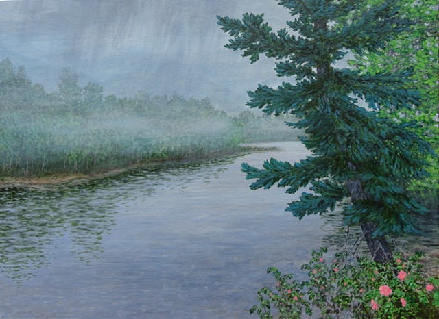  A painting on a misty, rainy day of part of the Elk River in Fernie, B.C. in the Canadian Rockies.
