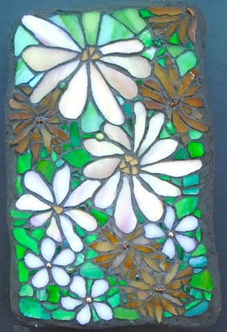 stained glass mosaic, pink and brown, flowers