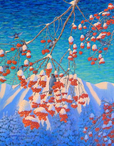 A painting of ripe, red cranberries covered with snow, and waxwings, with Mount Fernie, Fernie, B.C.