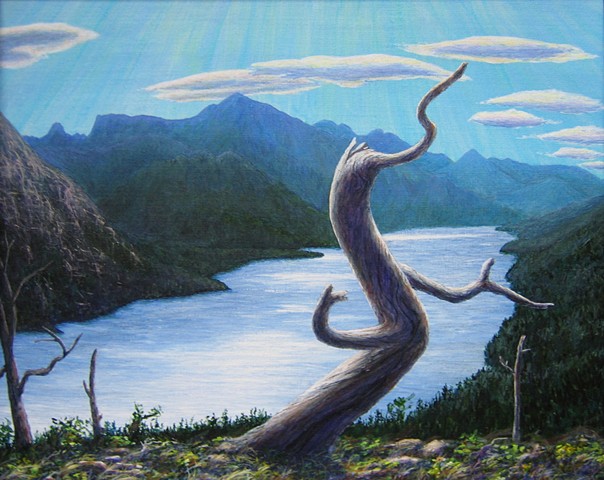 Painting, twisted snag, Waterton Lake National Park, Bertha Lake Trail,  Rocky Mountains