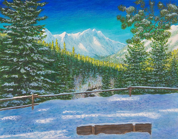 Painting of a winter scene from Sherwoody Trail Lookout near Fernie, B.C.