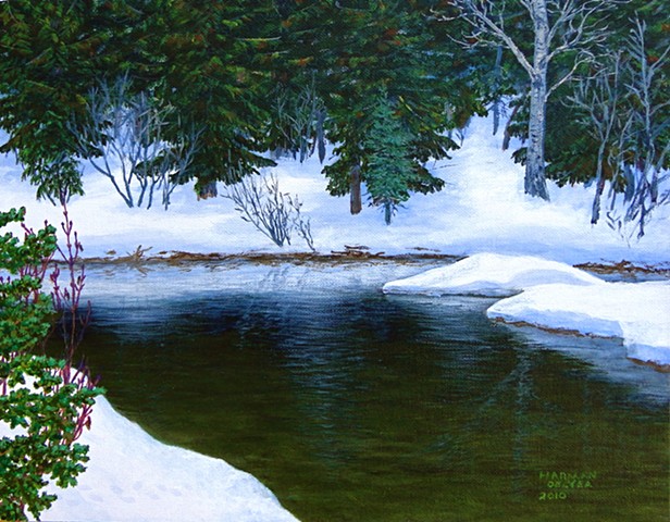 A painting of a still pond beside Lizard Creek in the Rocky Mountains, near Fernie, B.C.