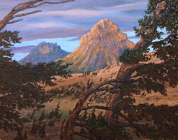 A painting of bell-shaped Crowsnest Mountain in the Crowsnest Pass of Highway 3, connecting south-eastern B.C. and Alberts