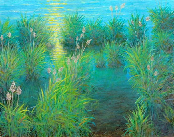 Painting of shallow lake shore and grasses near Fernie, B.C.