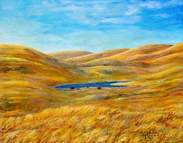 A painting of native grasslands in a protected area where bison, or buffalos, live in Waterton Lakes National Park in Alberta, Canada