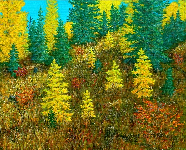 Painting of yellow Larch Tamarack trees in autumn in the Rocky Mountains near Fernie, B.C.