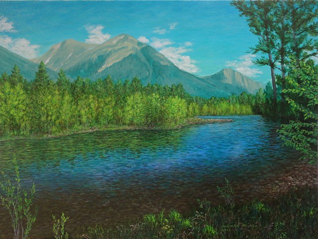 A painting of the Elk River in the summer with the Rocky Mountains in the background at Fernie, B.C.