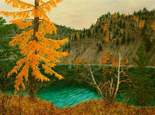 A painting of golden-yellow larch, tamarack trees at Silver Springs Lake near Fernie, B.C. 