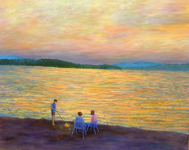 A painting of three people enjoying a campfire beside a sunset-lit sky and water on Koocanusa Lake between Fernie and Cranbrook, B..