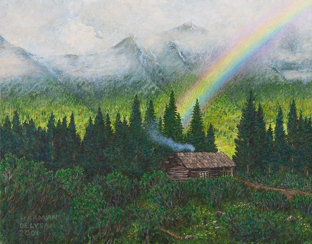 A painting of a rustic cabin near Elk Lakes Provincial Park, the headwaters of the Elk River in eastern B.C., in the Rockies.