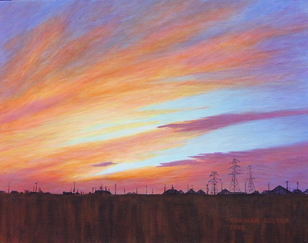 A painting of an orange and purple Texas sunset from a suburb of Houston.
