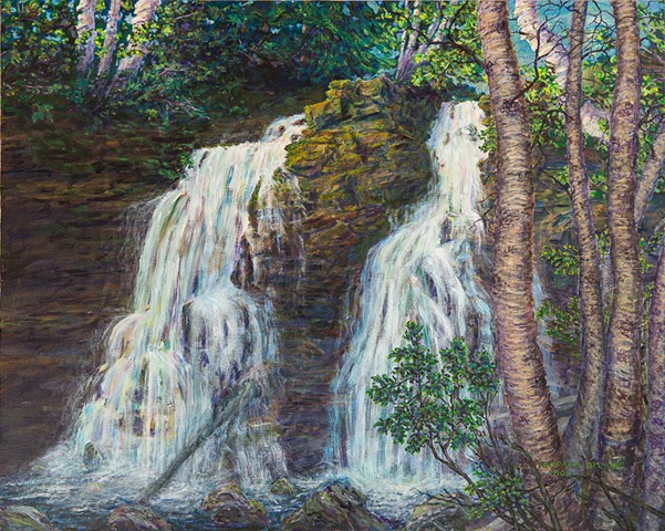 A painting of the Fairy Creek Water Falls at the foot of The Three Sisters Mountain (Trinity Mountain), a short walk on the edge of Fernie, B.C.