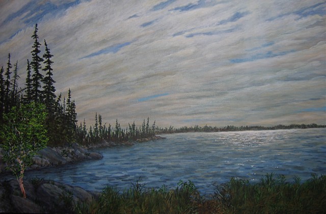 A painting of Frame Lake close to the Northwest Territory Legislature building in Yellowknife, N.T.