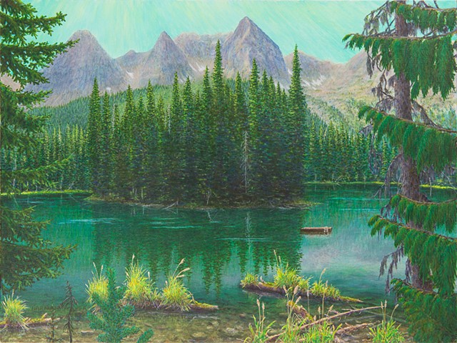 A painting of the turquoise water of Island Lake and the small island, with the peaks The Three Bears of the Lizard Range of the Rocky Mountains near Fernie, B.C.