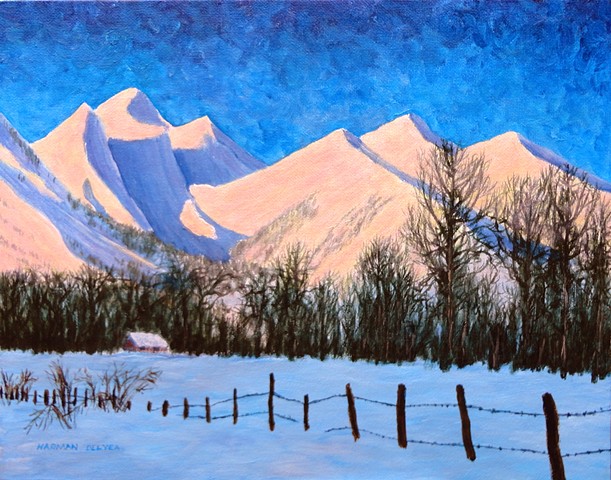 A painting of the morning sunshine in winter on The Three Sisters (Trinity Mountain) and Mount Proctor, the dominating mountains of Fernie, B.C. in the Canadian Rockies.