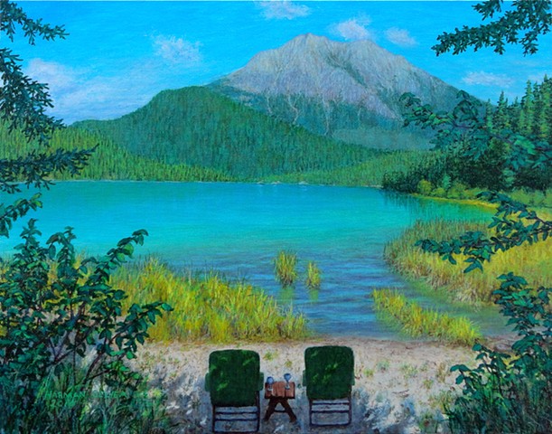 Painting, Moose Lake, Alces Lake, White Swan Provincial Park, Rocky Mountains.