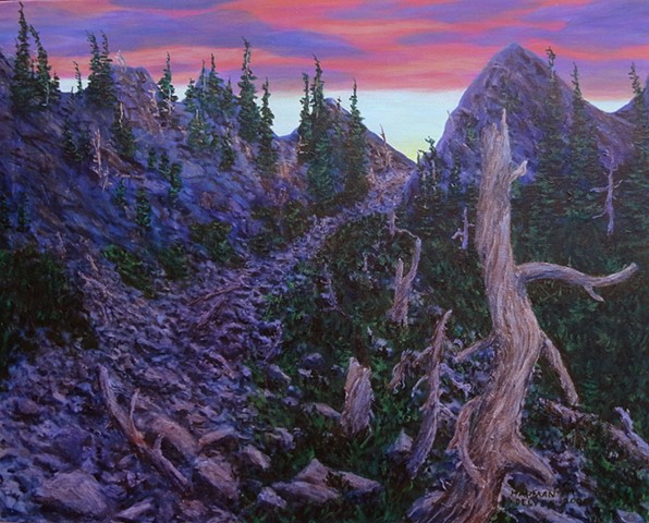 A painting of long purple shadows high on Spineback Trail on the Lizard Range near Island Lake and Fernie, B.C. 