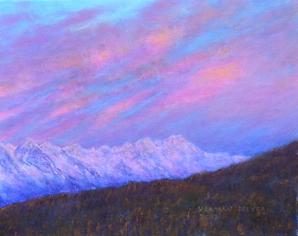Painting of snowy Rocky Mountains with a sunrise at Fernie, B.C.
