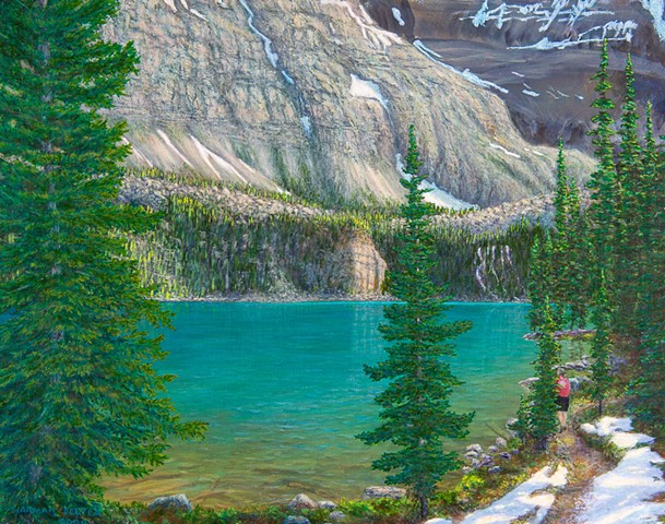 A painting of a hiker beside the turquoise Lake O'Hara trail in early summer, in Yoho National Park, B..