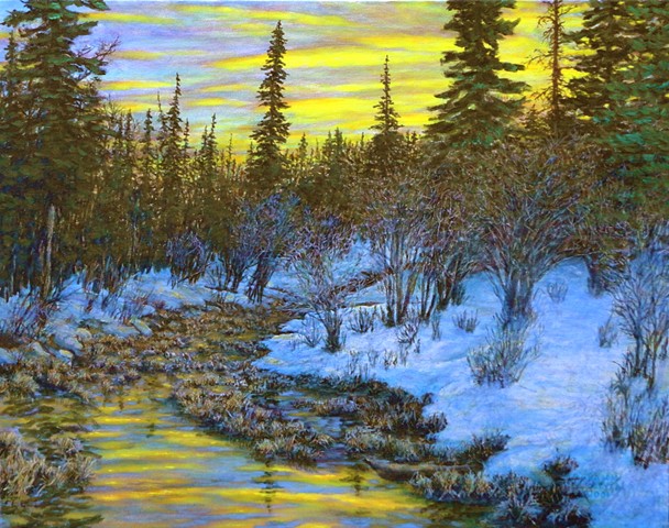 A painting of a yellow sunrise and a small stream on a winter morning near Fernie, B.C. in the Rocky Mountains.