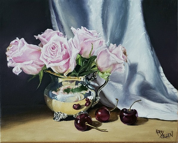 still life, cherries, roses, oil painting