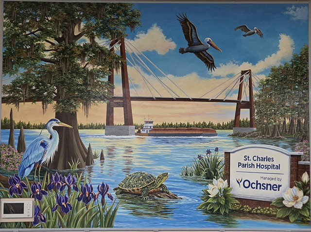 Louisiana, mural, Hale Boggs Bridge, brown pelican, magnolia, Mississippi river