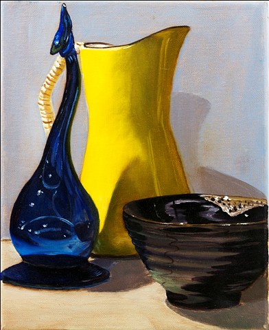 Oil painting of vase, bowl, and pitcher