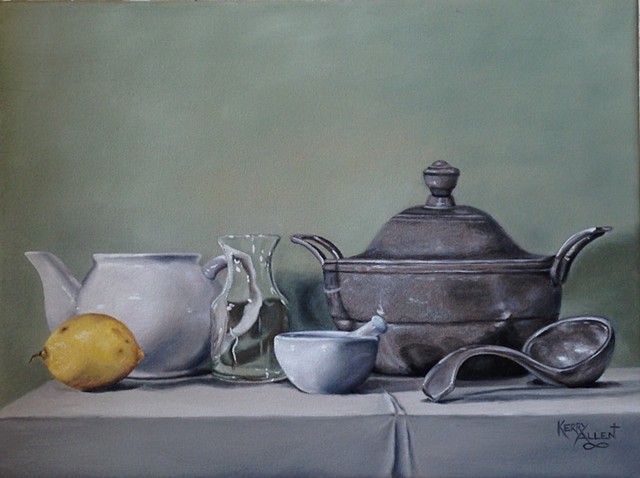 still life, pewter bowl, study in green and silver, lemon and teapot