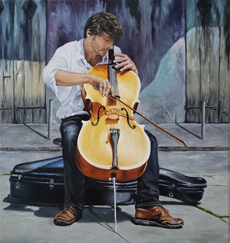 musician, street musician, cello, New Orleans, portrait, oil portrait