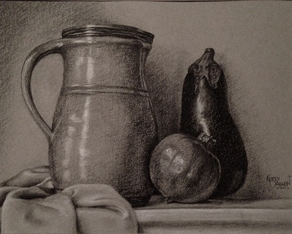 charcoal still life, charcoal drawing, charcoal on toned paper