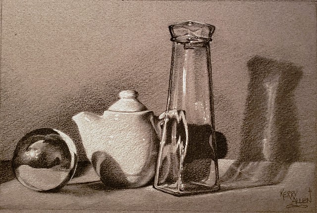 charcoal, still life, reflections, toned paper, drawing