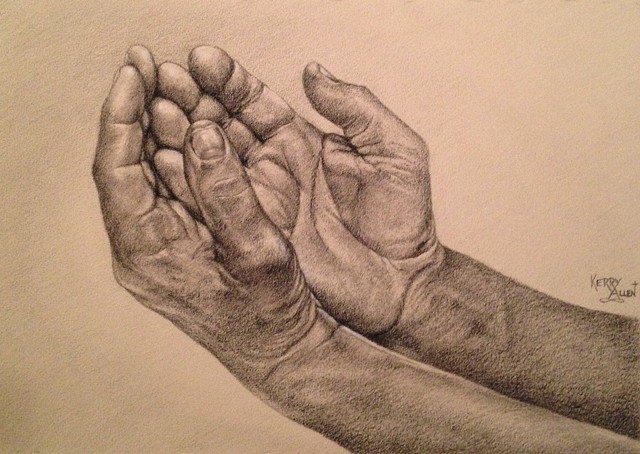 charcoal drawing, hands study, worship, open hands