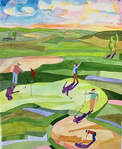 Golf Abstract landscape painting Abstract Art Golfers on Golf Course